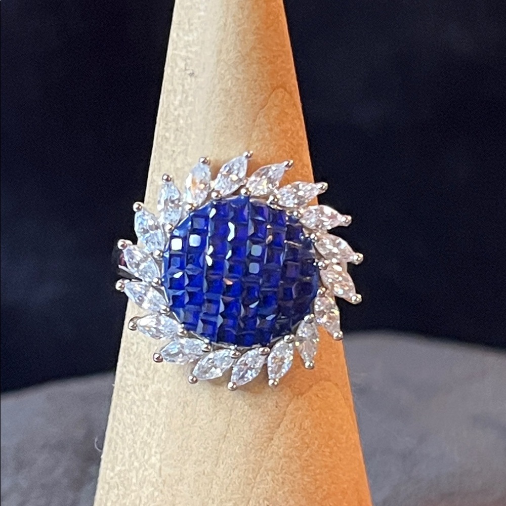 Simulated White & Blue Diamond Sunburst Ring in Rhodium / Sterling Silver 7